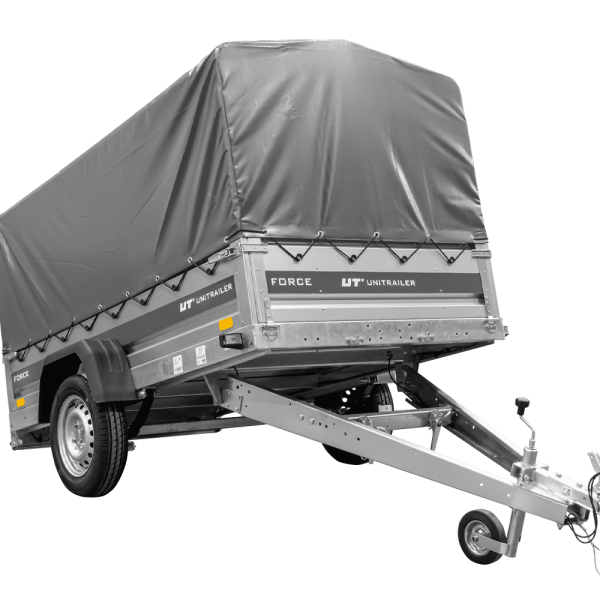 UNITRAILER Force 230/R KIPP – PKW-Anhänger 230,9 × 126,1 cm – 750 kg – Einachser – mit Blattfederung – mit geschweißtem Rahmen – 80 cm hohe graue Plane – Ansicht 1