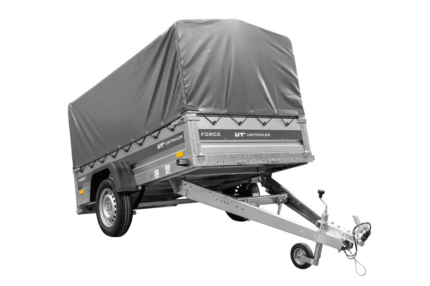 UNITRAILER Force 230/R KIPP – PKW-Anhänger 230,9 × 126,1 cm – 750 kg – Einachser – mit Blattfederung – mit geschweißtem Rahmen – 80 cm hohe graue Plane – Ansicht 1
