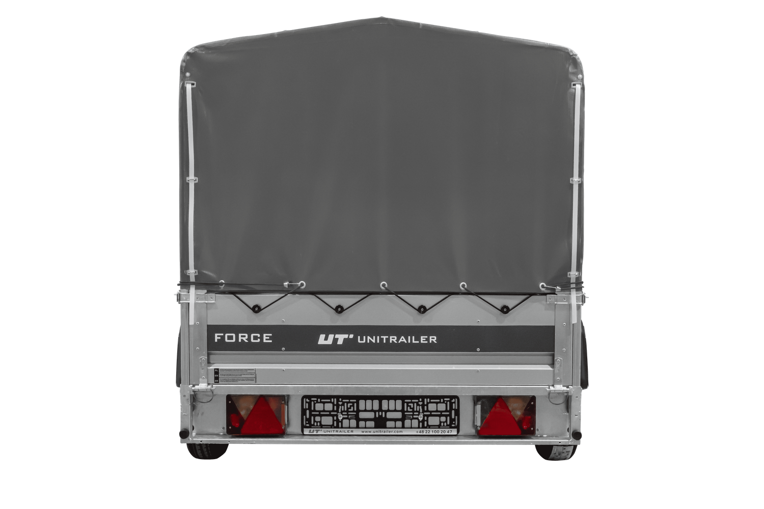 UNITRAILER Force 230/R KIPP – PKW-Anhänger 230,9 × 126,1 cm – 750 kg – Einachser – mit Blattfederung – mit geschweißtem Rahmen – 80 cm hohe graue Plane – Ansicht 3