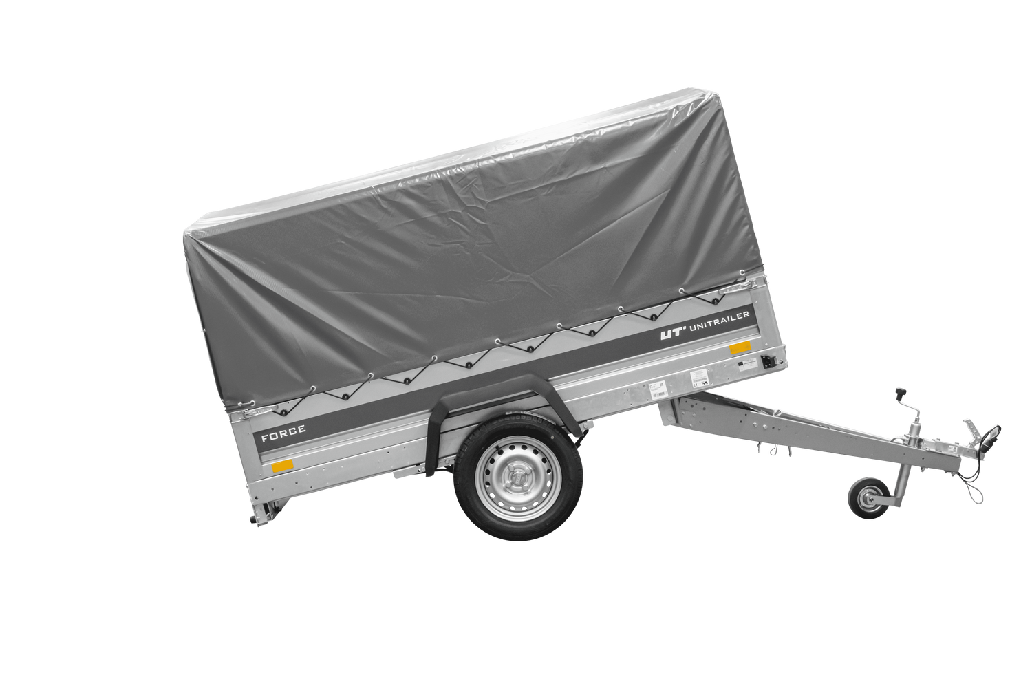 UNITRAILER Force 230/R KIPP – PKW-Anhänger 230,9 × 126,1 cm – 750 kg – Einachser – mit Blattfederung – mit geschweißtem Rahmen – 80 cm hohe graue Plane – Ansicht 4