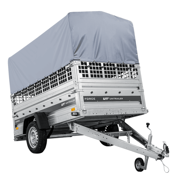 UNITRAILER Force 230/R KIPP – PKW-Anhänger 230,9 × 126,1 cm – 750 kg – Einachser – mit Blattfederung – mit geschweißtem Rahmen – 80 cm hohe graue Plane – Zusatzbordwände: Stahlgitterbordwände – Ansicht 1