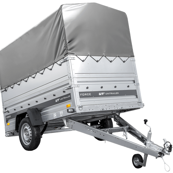 UNITRAILER Force 230/R KIPP – PKW-Anhänger 230,9 × 126,1 cm – 750 kg – Einachser – mit Blattfederung – mit geschweißtem Rahmen – 80 cm hohe graue Plane – Zusatzbordwände: zusätzliche Vollwand-Stahlbordwände – Ansicht 1