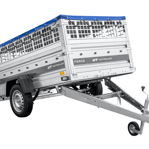 UNITRAILER Force 230/R KIPP – PKW-Anhänger 230,9 × 126,1 cm – 750 kg – Einachser – mit Blattfederung – mit geschweißtem Rahmen – flache blaue Plane – Zusatzbordwände: Stahlgitterbordwände – mit Flachplanenträger – Ansicht 1