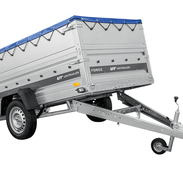 UNITRAILER Force 230/R KIPP – PKW-Anhänger 230,9 × 126,1 cm – 750 kg – Einachser – mit Blattfederung – mit geschweißtem Rahmen – flache blaue Plane – Zusatzbordwände: zusätzliche Vollwand-Stahlbordwände – mit Flachplanenträger – Ansicht 1
