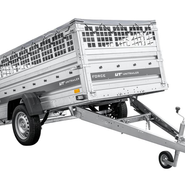 UNITRAILER Force 230/R KIPP – PKW-Anhänger 230,9 × 126,1 cm – 750 kg – Einachser – mit Blattfederung – mit geschweißtem Rahmen – flache graue Plane – Zusatzbordwände: Stahlgitterbordwände – mit Flachplanenträger – Ansicht 1