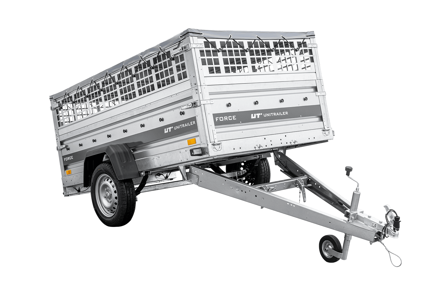 UNITRAILER Force 230/R KIPP – PKW-Anhänger 230,9 × 126,1 cm – 750 kg – Einachser – mit Blattfederung – mit geschweißtem Rahmen – flache graue Plane – Zusatzbordwände: Stahlgitterbordwände – mit Flachplanenträger – Ansicht 1