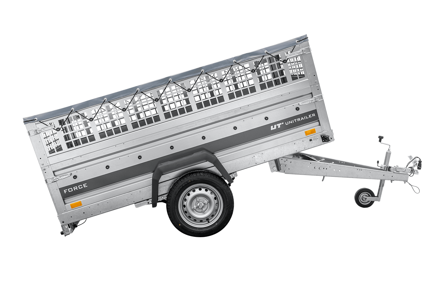 UNITRAILER Force 230/R KIPP – PKW-Anhänger 230,9 × 126,1 cm – 750 kg – Einachser – mit Blattfederung – mit geschweißtem Rahmen – flache graue Plane – Zusatzbordwände: Stahlgitterbordwände – mit Flachplanenträger – Ansicht 3