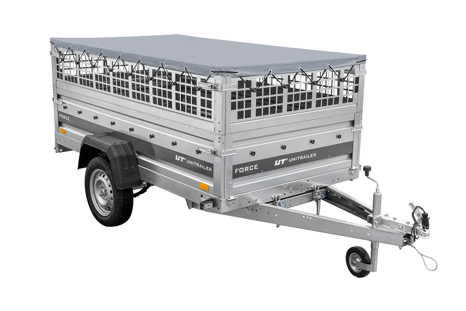 UNITRAILER Force 230/R KIPP – PKW-Anhänger 230,9 × 126,1 cm – 750 kg – Einachser – mit Blattfederung – mit geschweißtem Rahmen – flache graue Plane – Zusatzbordwände: Stahlgitterbordwände – mit Flachplanenträger – Ansicht 4