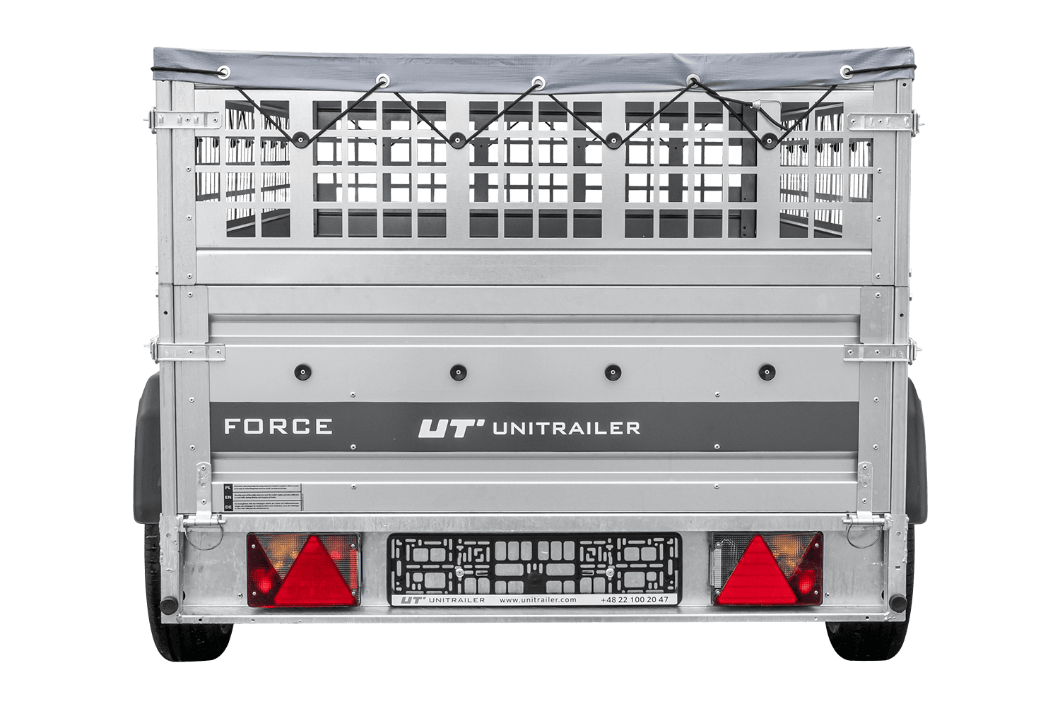 UNITRAILER Force 230/R KIPP – PKW-Anhänger 230,9 × 126,1 cm – 750 kg – Einachser – mit Blattfederung – mit geschweißtem Rahmen – flache graue Plane – Zusatzbordwände: Stahlgitterbordwände – mit Flachplanenträger – Ansicht 5