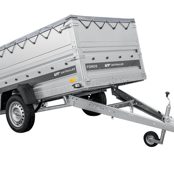 UNITRAILER Force 230/R KIPP – PKW-Anhänger 230,9 × 126,1 cm – 750 kg – Einachser – mit Blattfederung – mit geschweißtem Rahmen – flache graue Plane – Zusatzbordwände: zusätzliche Vollwand-Stahlbordwände – mit Flachplanenträger – Ansicht 1