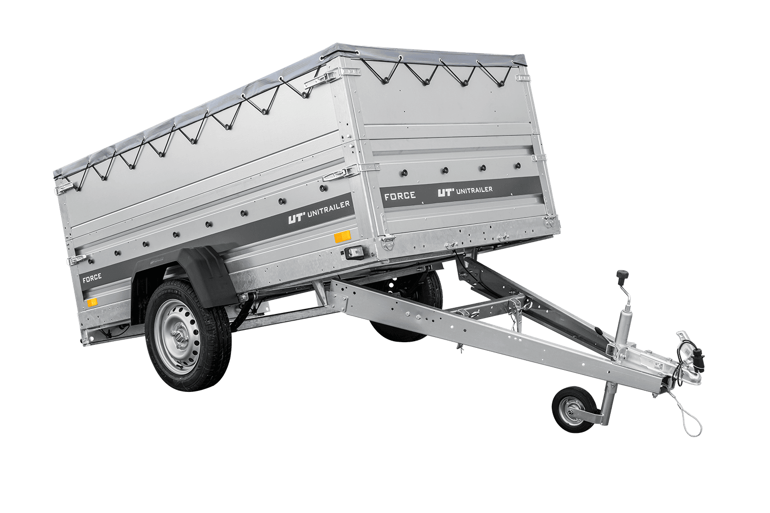 UNITRAILER Force 230/R KIPP – PKW-Anhänger 230,9 × 126,1 cm – 750 kg – Einachser – mit Blattfederung – mit geschweißtem Rahmen – flache graue Plane – Zusatzbordwände: zusätzliche Vollwand-Stahlbordwände – mit Flachplanenträger – Ansicht 1