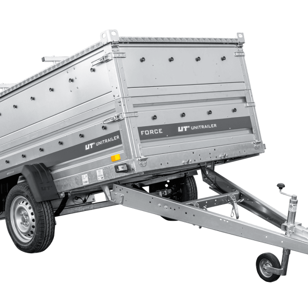 UNITRAILER Force 230/R KIPP – PKW-Anhänger 230,9 × 126,1 cm – 750 kg – Einachser – mit Blattfederung – mit geschweißtem Rahmen – Zusatzbordwände: zusätzliche Vollwand-Stahlbordwände – Ansicht 1