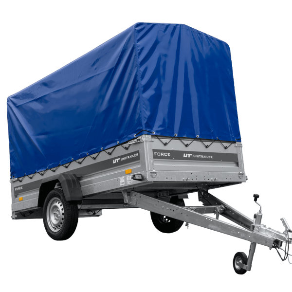 UNITRAILER Force 264 KIPP – PKW-Anhänger 264,7 × 126 cm – 750 kg – Einachser – mit geschweißtem Rahmen – 110 cm hohe blaue Plane – Ansicht 1