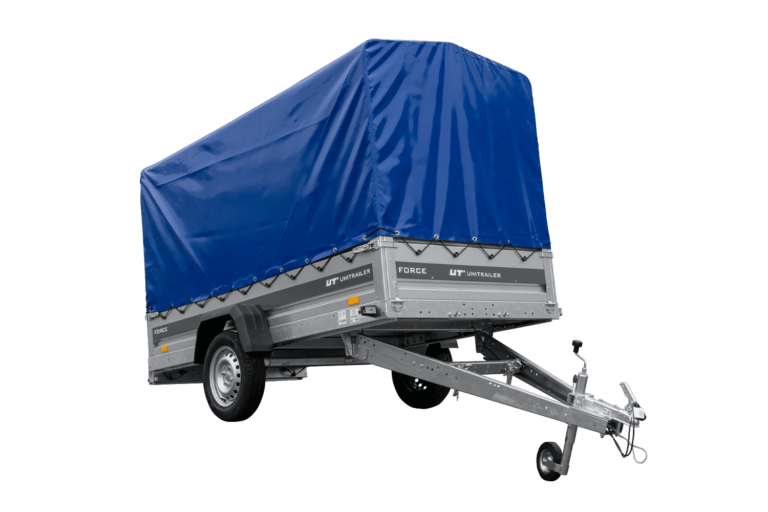 UNITRAILER Force 264 KIPP – PKW-Anhänger 264,7 × 126 cm – 750 kg – Einachser – mit geschweißtem Rahmen – 110 cm hohe blaue Plane – Ansicht 1