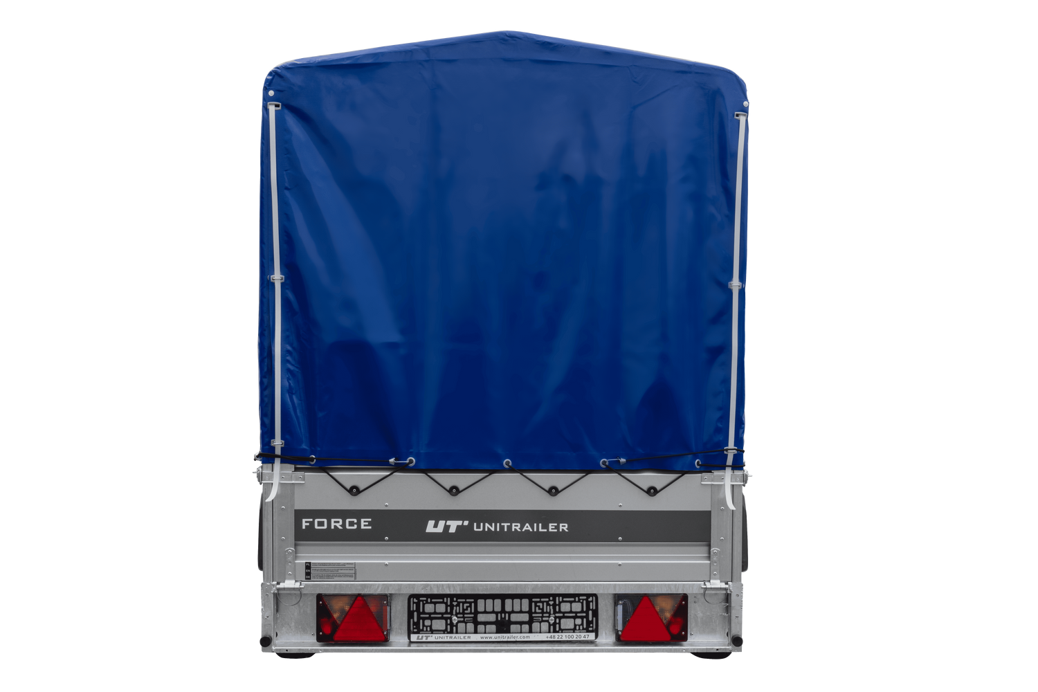 UNITRAILER Force 264 KIPP – PKW-Anhänger 264,7 × 126 cm – 750 kg – Einachser – mit geschweißtem Rahmen – 110 cm hohe blaue Plane – Ansicht 3