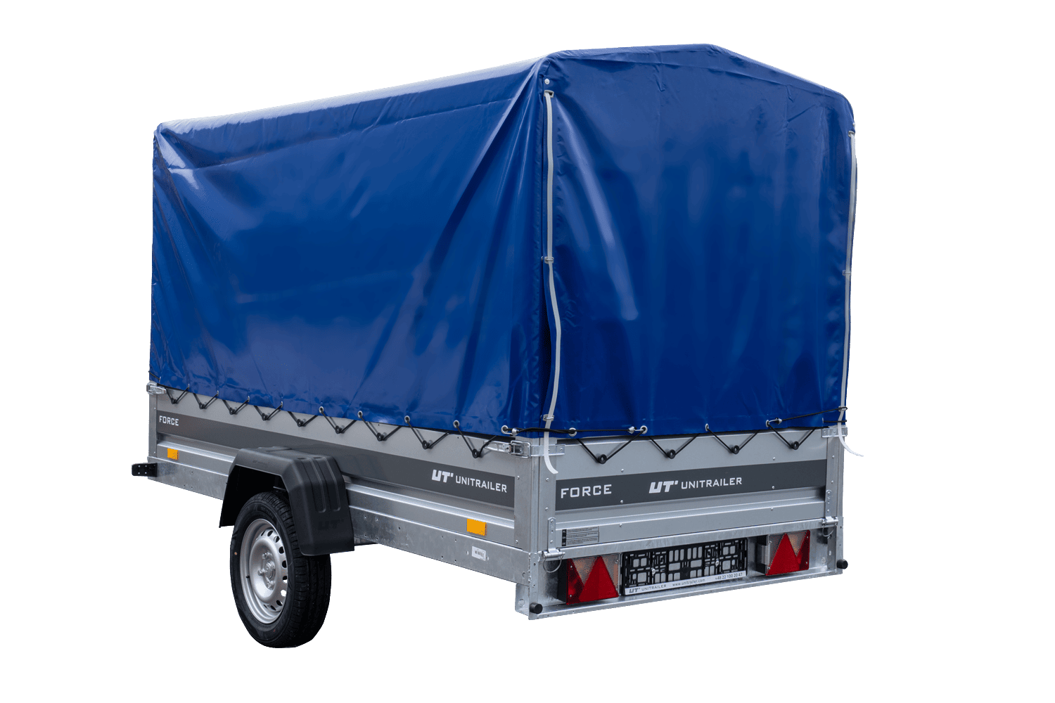 UNITRAILER Force 264 KIPP – PKW-Anhänger 264,7 × 126 cm – 750 kg – Einachser – mit geschweißtem Rahmen – 110 cm hohe blaue Plane – Ansicht 4