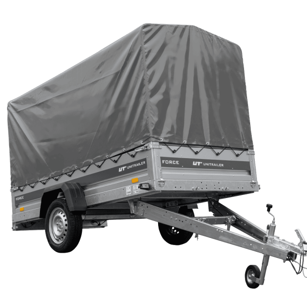 UNITRAILER Force 264 KIPP – PKW-Anhänger 264,7 × 126 cm – 750 kg – Einachser – mit geschweißtem Rahmen – 110 cm hohe graue Plane – Ansicht 1