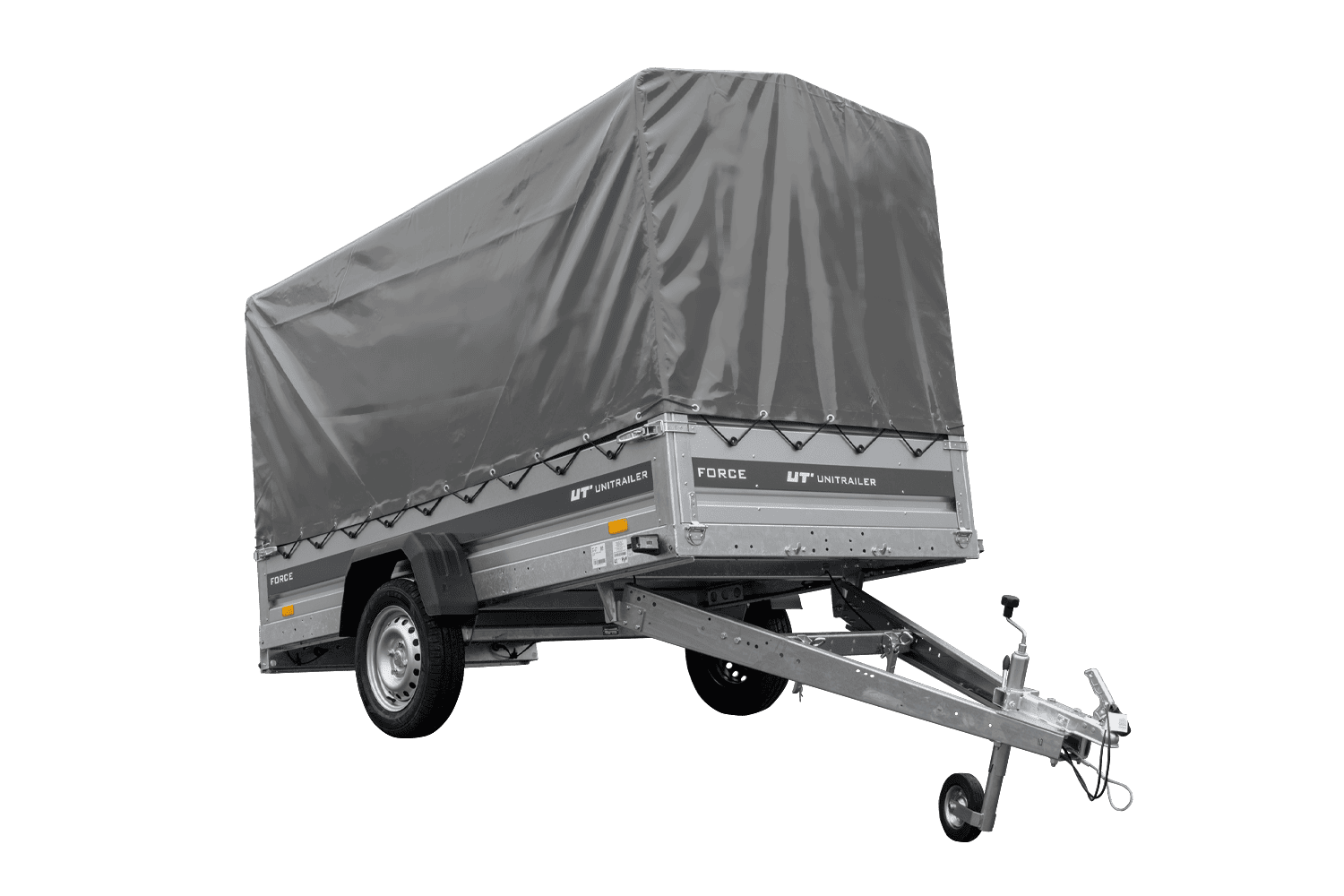 UNITRAILER Force 264 KIPP – PKW-Anhänger 264,7 × 126 cm – 750 kg – Einachser – mit geschweißtem Rahmen – 110 cm hohe graue Plane – Ansicht 1