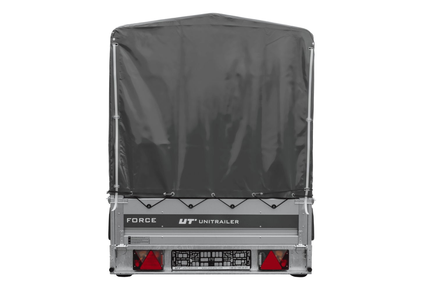 UNITRAILER Force 264 KIPP – PKW-Anhänger 264,7 × 126 cm – 750 kg – Einachser – mit geschweißtem Rahmen – 110 cm hohe graue Plane – Ansicht 3