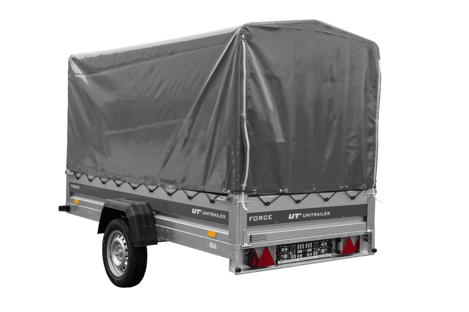 UNITRAILER Force 264 KIPP – PKW-Anhänger 264,7 × 126 cm – 750 kg – Einachser – mit geschweißtem Rahmen – 110 cm hohe graue Plane – Ansicht 4