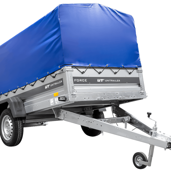 UNITRAILER Force 264 KIPP – PKW-Anhänger 264,7 × 126 cm – 750 kg – Einachser – mit geschweißtem Rahmen – 80 cm hohe blaue Plane – Ansicht 1