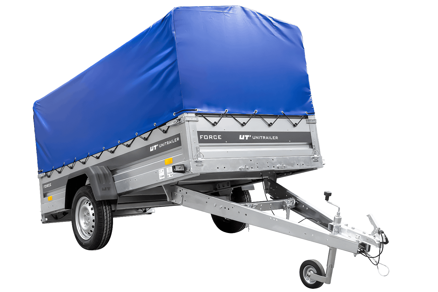 UNITRAILER Force 264 KIPP – PKW-Anhänger 264,7 × 126 cm – 750 kg – Einachser – mit geschweißtem Rahmen – 80 cm hohe blaue Plane – Ansicht 1
