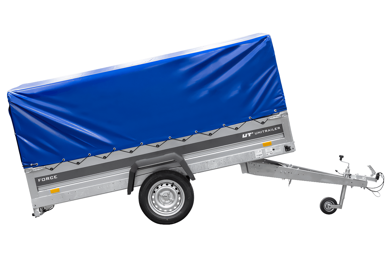 UNITRAILER Force 264 KIPP – PKW-Anhänger 264,7 × 126 cm – 750 kg – Einachser – mit geschweißtem Rahmen – 80 cm hohe blaue Plane – Ansicht 3