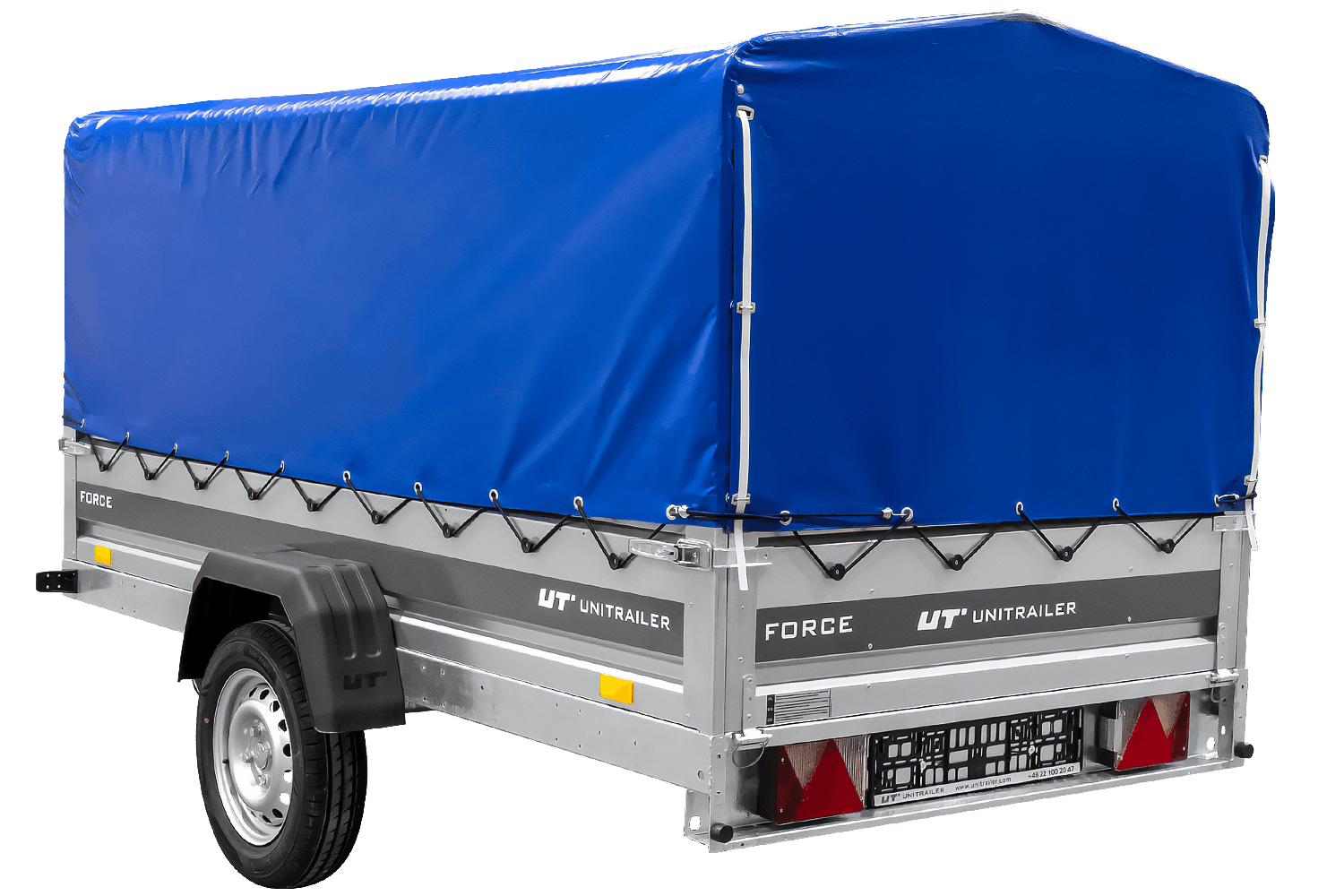 UNITRAILER Force 264 KIPP – PKW-Anhänger 264,7 × 126 cm – 750 kg – Einachser – mit geschweißtem Rahmen – 80 cm hohe blaue Plane – Ansicht 4