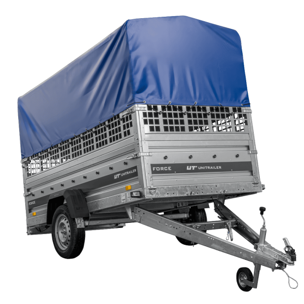 UNITRAILER Force 264 KIPP – PKW-Anhänger 264,7 × 126 cm – 750 kg – Einachser – mit geschweißtem Rahmen – 80 cm hohe blaue Plane – Zusatzbordwände: Stahlgitterbordwände – Ansicht 1