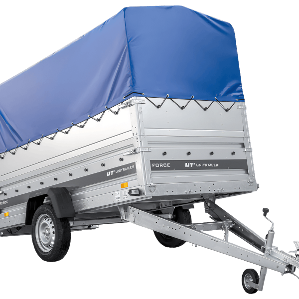 UNITRAILER Force 264 KIPP – PKW-Anhänger 264,7 × 126 cm – 750 kg – Einachser – mit geschweißtem Rahmen – 80 cm hohe blaue Plane – Zusatzbordwände: zusätzliche Vollwand-Stahlbordwände – Ansicht 1