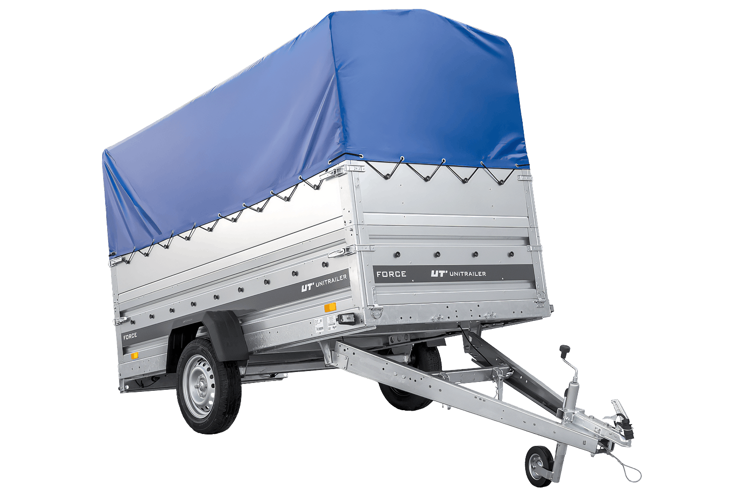 UNITRAILER Force 264 KIPP – PKW-Anhänger 264,7 × 126 cm – 750 kg – Einachser – mit geschweißtem Rahmen – 80 cm hohe blaue Plane – Zusatzbordwände: zusätzliche Vollwand-Stahlbordwände – Ansicht 1