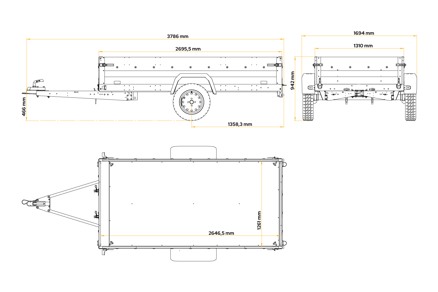 UNITRAILER Force 264 KIPP – PKW-Anhänger 264,7 × 126 cm – 750 kg – Einachser – mit geschweißtem Rahmen – 80 cm hohe blaue Plane – Zusatzbordwände: zusätzliche Vollwand-Stahlbordwände – Ansicht 2