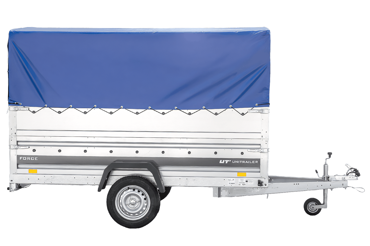 UNITRAILER Force 264 KIPP – PKW-Anhänger 264,7 × 126 cm – 750 kg – Einachser – mit geschweißtem Rahmen – 80 cm hohe blaue Plane – Zusatzbordwände: zusätzliche Vollwand-Stahlbordwände – Ansicht 3