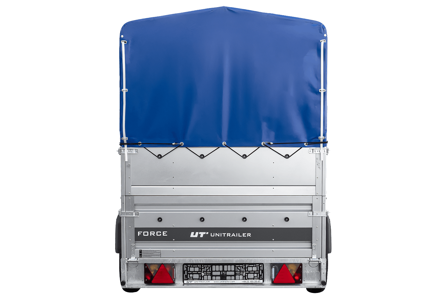 UNITRAILER Force 264 KIPP – PKW-Anhänger 264,7 × 126 cm – 750 kg – Einachser – mit geschweißtem Rahmen – 80 cm hohe blaue Plane – Zusatzbordwände: zusätzliche Vollwand-Stahlbordwände – Ansicht 4
