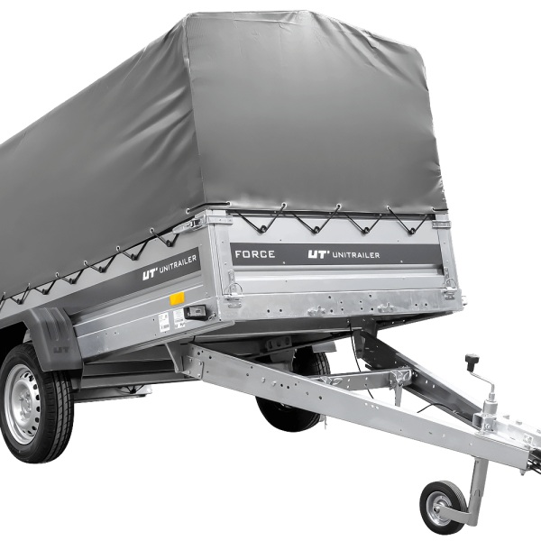 UNITRAILER Force 264 KIPP – PKW-Anhänger 264,7 × 126 cm – 750 kg – Einachser – mit geschweißtem Rahmen – 80 cm hohe graue Plane – Ansicht 1