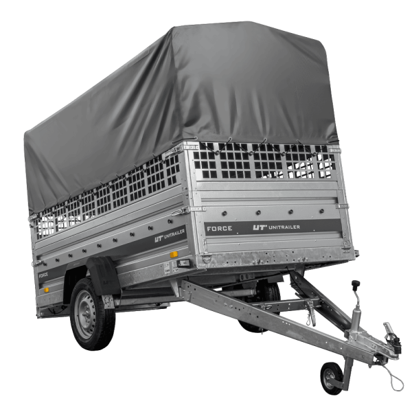 UNITRAILER Force 264 KIPP – PKW-Anhänger 264,7 × 126 cm – 750 kg – Einachser – mit geschweißtem Rahmen – 80 cm hohe graue Plane – Zusatzbordwände: Stahlgitterbordwände – Ansicht 1