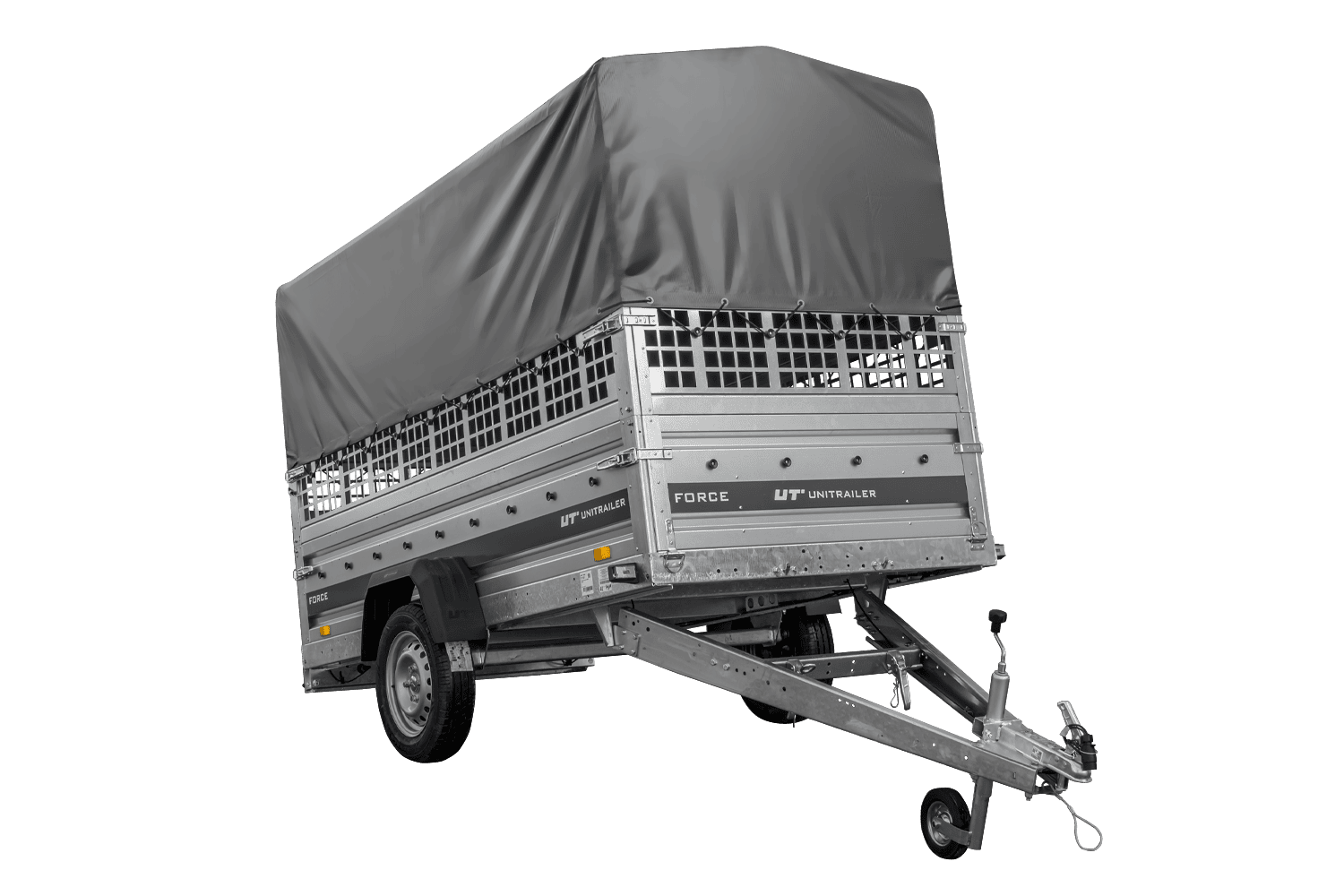UNITRAILER Force 264 KIPP – PKW-Anhänger 264,7 × 126 cm – 750 kg – Einachser – mit geschweißtem Rahmen – 80 cm hohe graue Plane – Zusatzbordwände: Stahlgitterbordwände – Ansicht 1