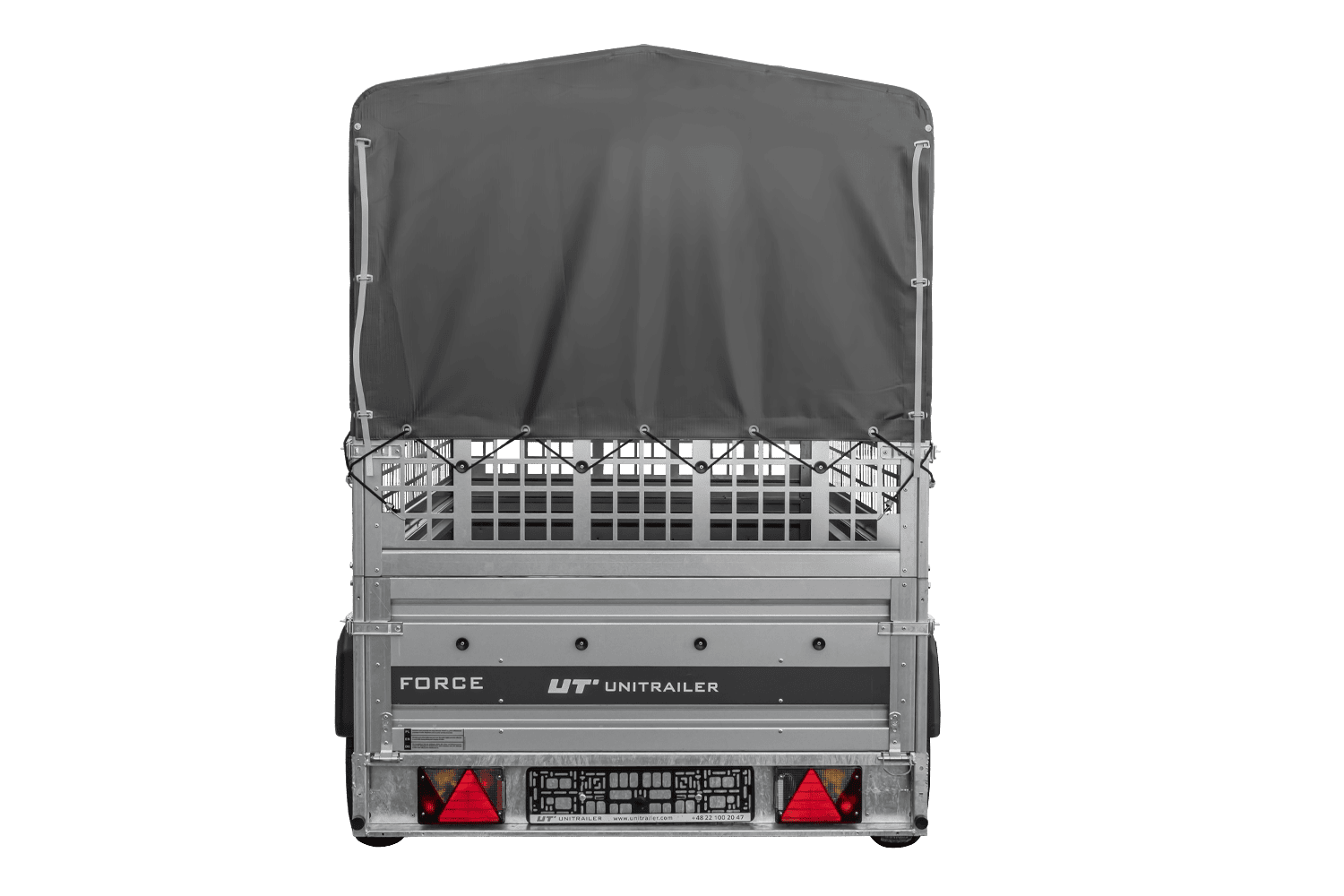 UNITRAILER Force 264 KIPP – PKW-Anhänger 264,7 × 126 cm – 750 kg – Einachser – mit geschweißtem Rahmen – 80 cm hohe graue Plane – Zusatzbordwände: Stahlgitterbordwände – Ansicht 3