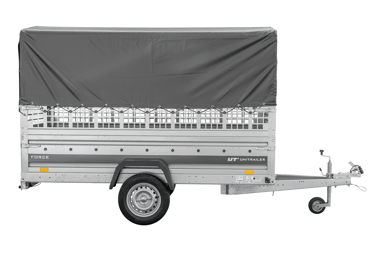 UNITRAILER Force 264 KIPP – PKW-Anhänger 264,7 × 126 cm – 750 kg – Einachser – mit geschweißtem Rahmen – 80 cm hohe graue Plane – Zusatzbordwände: Stahlgitterbordwände – Ansicht 4