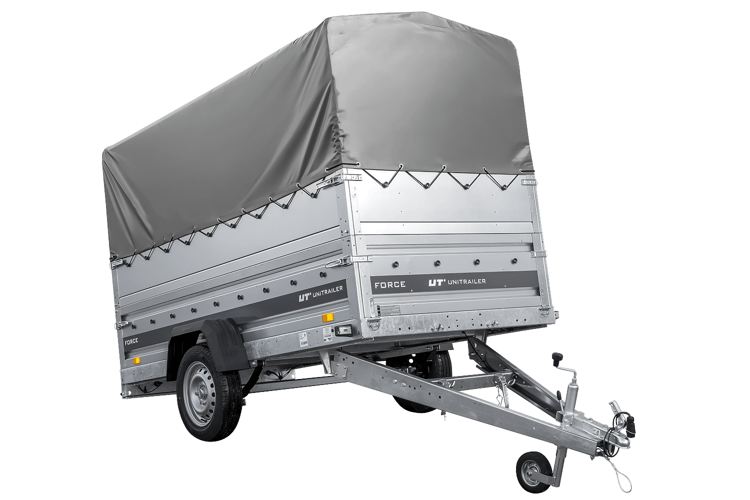 UNITRAILER Force 264 KIPP – PKW-Anhänger 264,7 × 126 cm – 750 kg – Einachser – mit geschweißtem Rahmen – 80 cm hohe graue Plane – Zusatzbordwände: zusätzliche Vollwand-Stahlbordwände – Ansicht 1