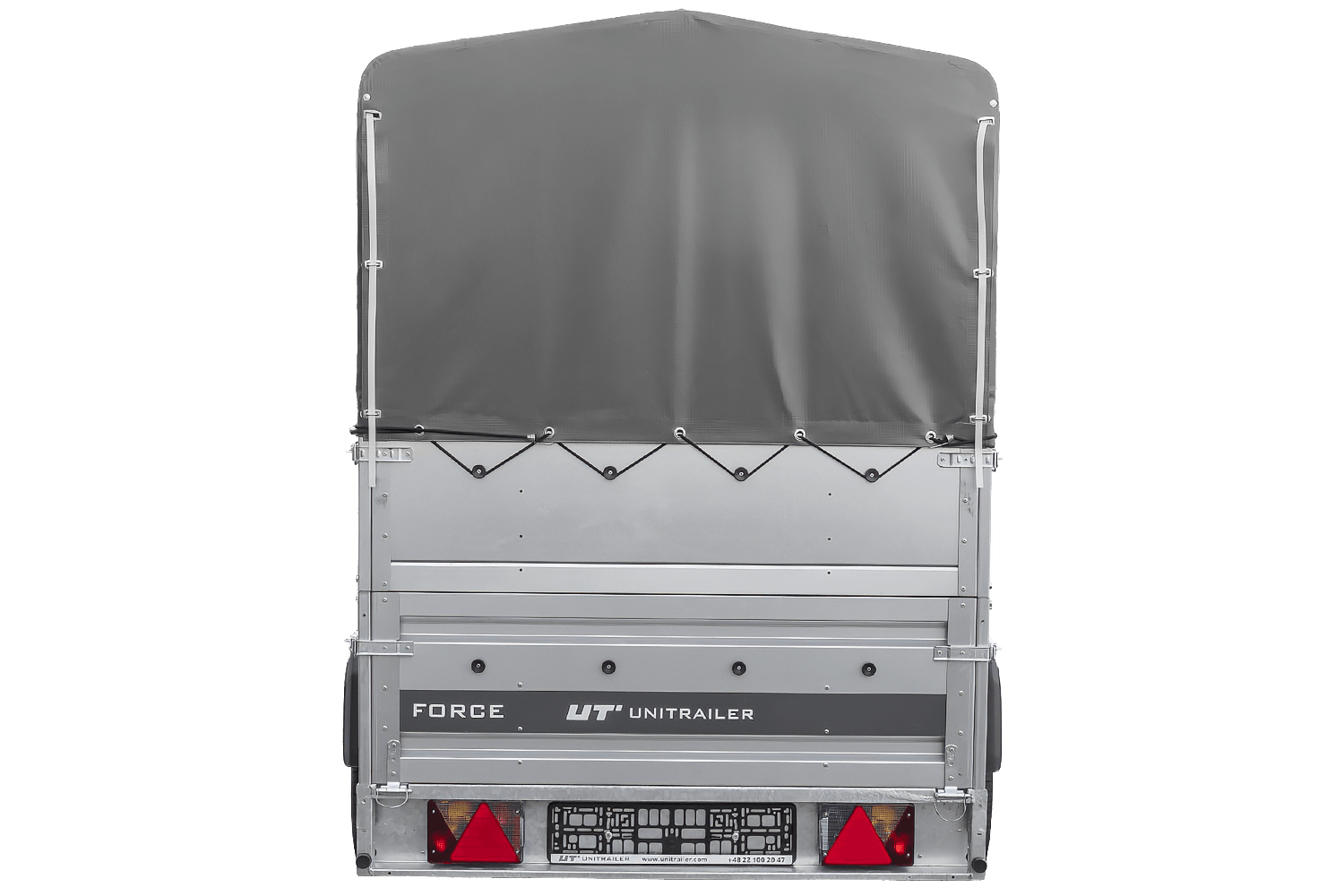 UNITRAILER Force 264 KIPP – PKW-Anhänger 264,7 × 126 cm – 750 kg – Einachser – mit geschweißtem Rahmen – 80 cm hohe graue Plane – Zusatzbordwände: zusätzliche Vollwand-Stahlbordwände – Ansicht 3