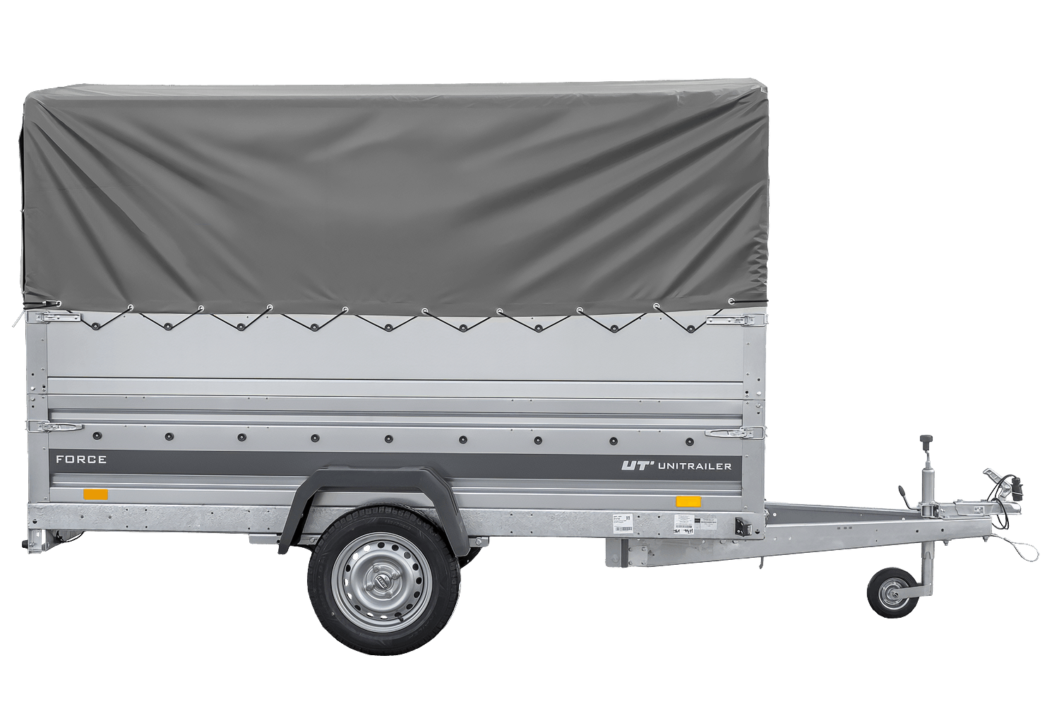 UNITRAILER Force 264 KIPP – PKW-Anhänger 264,7 × 126 cm – 750 kg – Einachser – mit geschweißtem Rahmen – 80 cm hohe graue Plane – Zusatzbordwände: zusätzliche Vollwand-Stahlbordwände – Ansicht 4