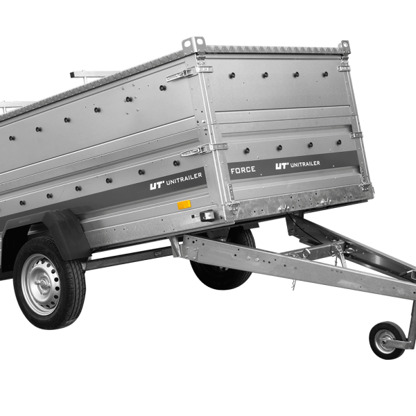 UNITRAILER Force 264 KIPP – PKW-Anhänger 264,7 × 126 cm – 750 kg – Einachser – mit geschweißtem Rahmen – Aluminiumhaube – Zusatzbordwände: zusätzliche Vollwand-Stahlbordwände – Ansicht 1