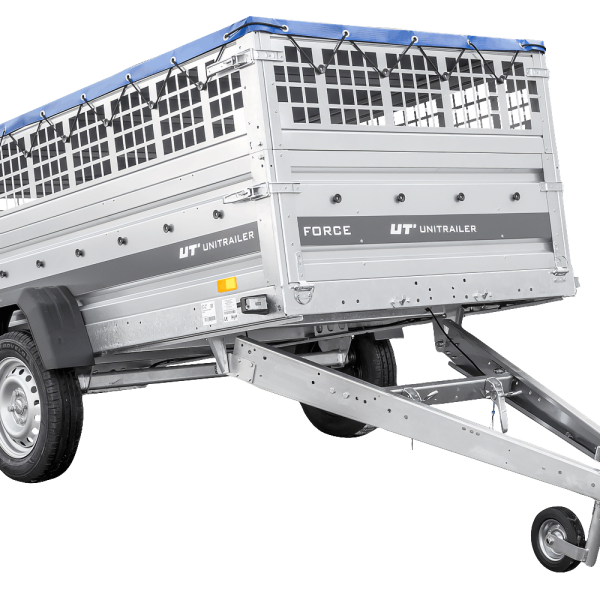 UNITRAILER Force 264 KIPP – PKW-Anhänger 264,7 × 126 cm – 750 kg – Einachser – mit geschweißtem Rahmen – flache blaue Plane – Zusatzbordwände: Stahlgitterbordwände – mit Flachplanenträger – Ansicht 1