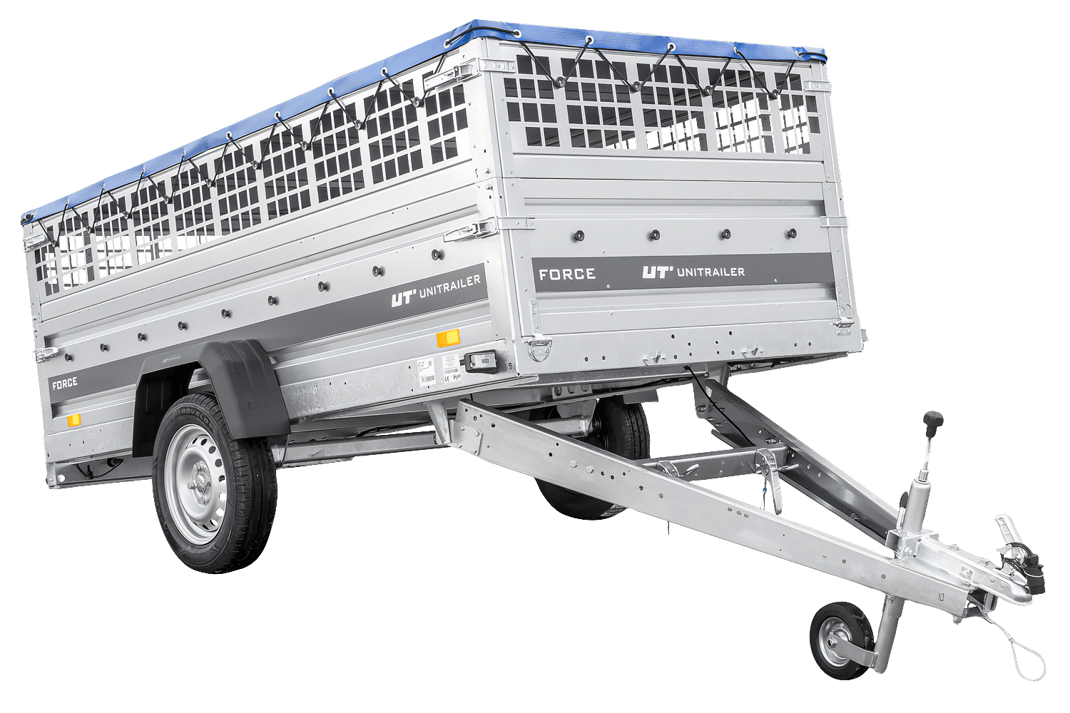 UNITRAILER Force 264 KIPP – PKW-Anhänger 264,7 × 126 cm – 750 kg – Einachser – mit geschweißtem Rahmen – flache blaue Plane – Zusatzbordwände: Stahlgitterbordwände – mit Flachplanenträger – Ansicht 1
