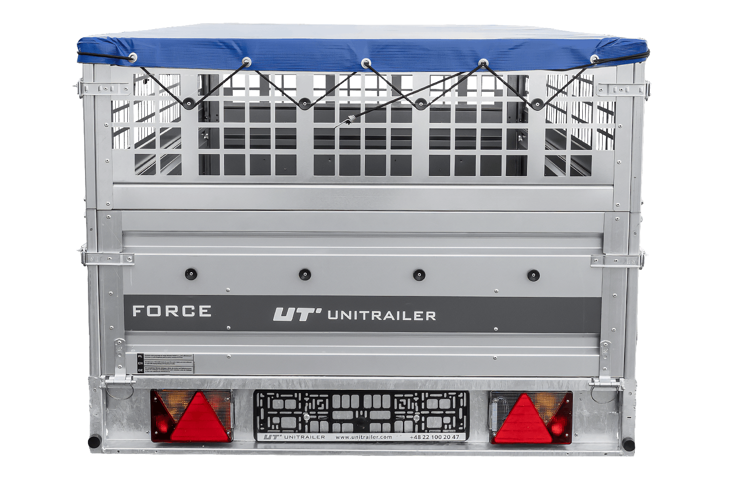 UNITRAILER Force 264 KIPP – PKW-Anhänger 264,7 × 126 cm – 750 kg – Einachser – mit geschweißtem Rahmen – flache blaue Plane – Zusatzbordwände: Stahlgitterbordwände – mit Flachplanenträger – Ansicht 3