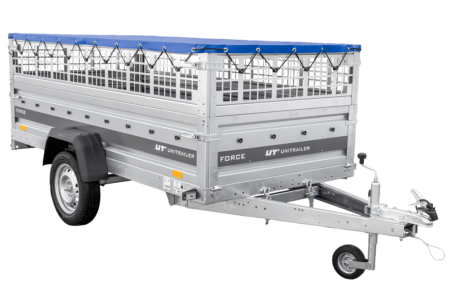 UNITRAILER Force 264 KIPP – PKW-Anhänger 264,7 × 126 cm – 750 kg – Einachser – mit geschweißtem Rahmen – flache blaue Plane – Zusatzbordwände: Stahlgitterbordwände – mit Flachplanenträger – Ansicht 4
