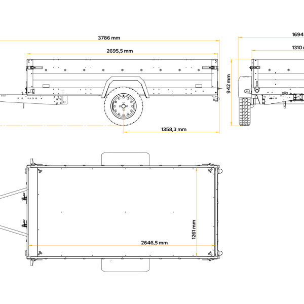 UNITRAILER Force 264 KIPP – PKW-Anhänger 264,7 × 126 cm – 750 kg – Einachser – mit geschweißtem Rahmen – flache graue Plane – Zusatzbordwände: Stahlgitterbordwände – mit Flachplanenträger – Ansicht 1