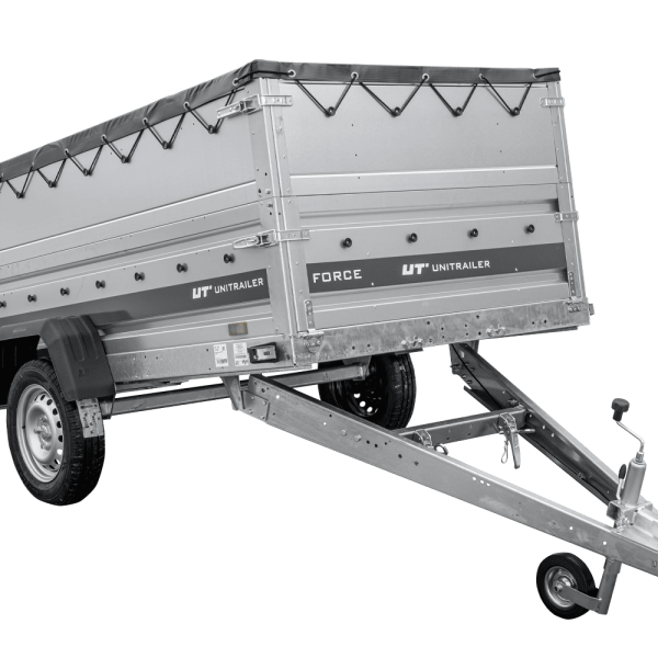 UNITRAILER Force 264 KIPP – PKW-Anhänger 264,7 × 126 cm – 750 kg – Einachser – mit geschweißtem Rahmen – flache graue Plane – Zusatzbordwände: zusätzliche Vollwand-Stahlbordwände – mit Flachplanenträger – Ansicht 1