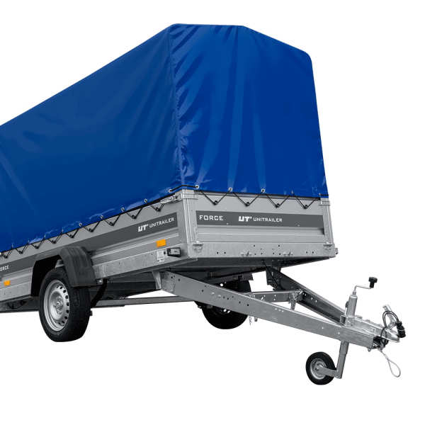 UNITRAILER Force 264/R KIPP – PKW-Anhänger 264,7 × 126 cm – 750 kg – Einachser – mit Blattfederung – mit geschweißtem Rahmen – 110 cm hohe blaue Plane – Ansicht 1